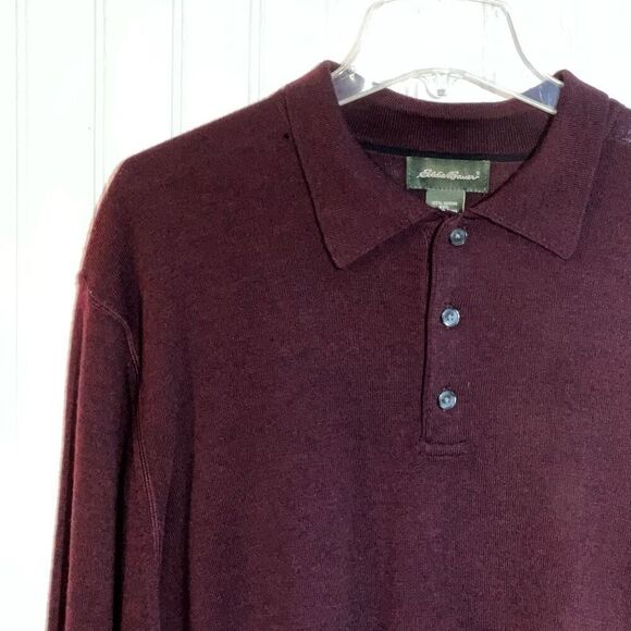 Eddie Bauer Merino Wool Sweater Men’s XLarge Tall Wine 1/4 Button Up Collared LS - Picture 2 of 10